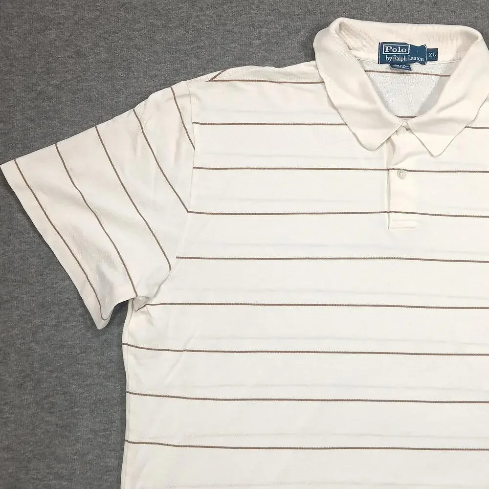 Polo Ralph Lauren Polo Shirt Mens XL White Tan Striped Pima Cotton Short Sleeve
